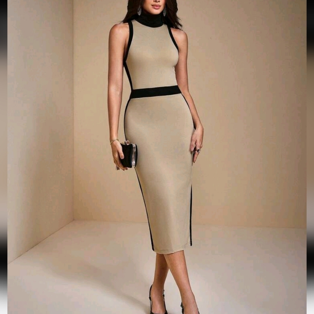 Turtleneck Color-Blocked Sleeveless Knit Fitted Midi Dress Women Autumn Elegant - Picture 4 of 5